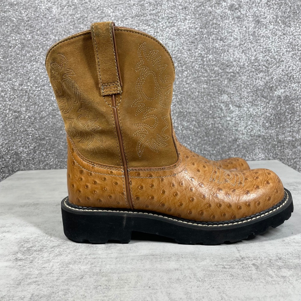 Ariat Fatbaby Western Boots Womens 9 Ostrich Print Leather Suede Tan - Picture 3 of 11